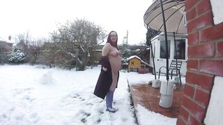 Public Flashing naked in the snow in wellingtons