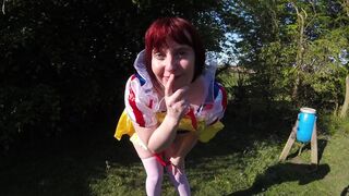 Snow White cosplay flashing Outdoors