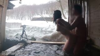 I was Licking my very Tasty Cock in a Private Open-air Bath while looking at the Snowy Scenery,