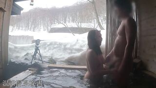 I was Licking my very Tasty Cock in a Private Open-air Bath while looking at the Snowy Scenery,