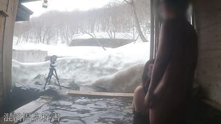 I was Licking my very Tasty Cock in a Private Open-air Bath while looking at the Snowy Scenery,