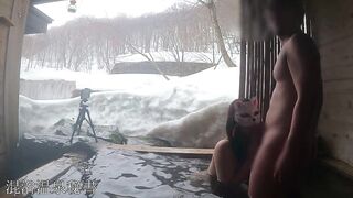 I was Licking my very Tasty Cock in a Private Open-air Bath while looking at the Snowy Scenery,