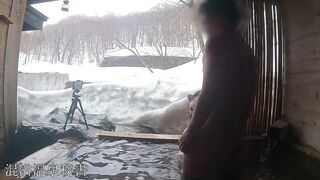 I was Licking my very Tasty Cock in a Private Open-air Bath while looking at the Snowy Scenery,