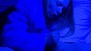 Slut gives Sloppy Blowjob in Neon. Lots of Drooling and Cum in Mouth.