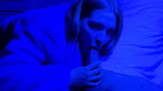 Slut gives Sloppy Blowjob in Neon. Lots of Drooling and Cum in Mouth.