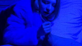 Slut gives Sloppy Blowjob in Neon. Lots of Drooling and Cum in Mouth.