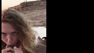 Public Sex on the Beach - he couldn't last long while she is riding him! Amelie Lei, blonde, Cowgirl, Blowjob, Cumshot, Outdoor