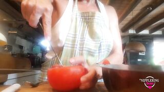 Nippleringlover Flashing Pierced Nipples with Big Heavy Nipple Ring Stretching Nipple while Cooking