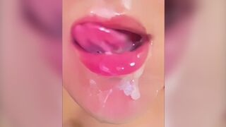 Playing with a mouthful of cum!