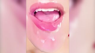 Playing with a mouthful of cum!