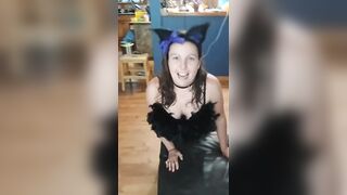 Cosplay kitty wife strips & rubs her itchy clit