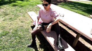 Flashing my pussy in a park, and masturbating to orgasm in public!!