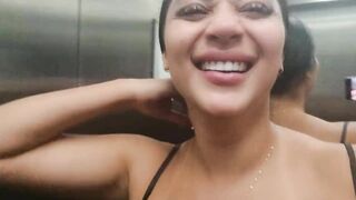 Cute women caught squirting at the hotel's elevator