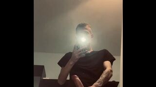 Hot tattoo guy jerking his huge white dick