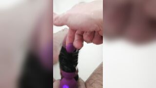 Taped dildo makes sperm fountain