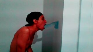 Petite Tgirl Sucks Wall Mount Dildo Lovingly