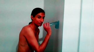 Petite Tgirl Sucks Wall Mount Dildo Lovingly