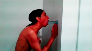 Petite Tgirl Sucks Wall Mount Dildo Lovingly