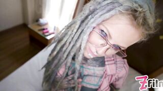 Nerdy TATTOO teen in glasses POV rough ANAL fuck - gape, deepthroat, facial cumshot