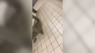 RT running to crowded public rest stop restroom and holding the door open interacting with people