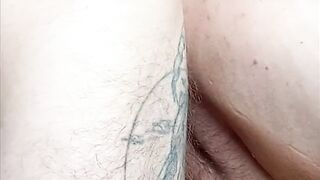 hairy pussy full of cum after sex close-up