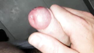 Uncut smegma cock, wanking big cumshot, public restroom