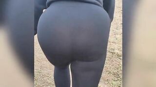 Hiking in see through leggings visible thong public twerk latina