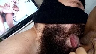 cuck sucking pussy while slut cum in her mouth watching anal dp in porno????????????????????