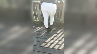 BWB performs a stairwalk in white freddy pants and my favourite pleaser heels on