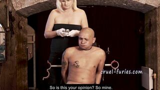 Cruel Blonde Mistress Humiliates the Captive Guy