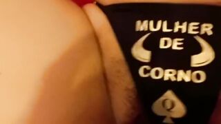 Wife showing off cuckold woman's tattoo and panties