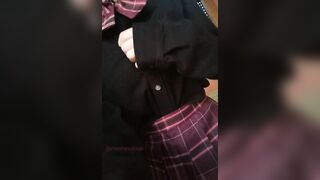 Asian Amateur walks street and shows her tits in public in uniform after school flash tits