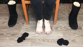 Student girl show nylon socks, boots and foot after study