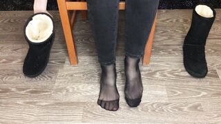 Student girl show nylon socks, boots and foot after study