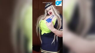 Dirty lady in costume of a stewardess giving joi