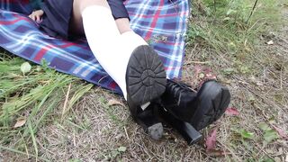 Foot fetish girl show shoes and feet in white knee socks