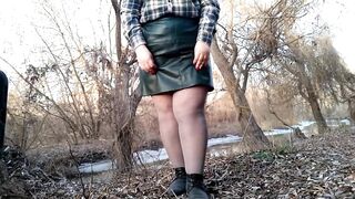 BBW MILF not wearing panties under pantyhose and pissing outside