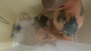 Hot petite babe swallows his piss and gags while being face fucked.