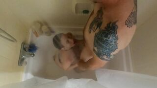 Hot petite babe swallows his piss and gags while being face fucked.