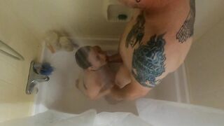 Hot petite babe swallows his piss and gags while being face fucked.