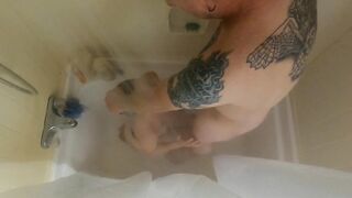 Hot petite babe swallows his piss and gags while being face fucked.