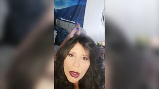 55 year old amateur MILF smokes & dangles cigarette in red lipstick w/ footplay