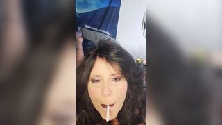 55 year old amateur MILF smokes & dangles cigarette in red lipstick w/ footplay