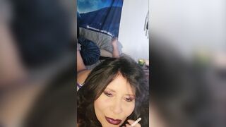 55 year old amateur MILF smokes & dangles cigarette in red lipstick w/ footplay