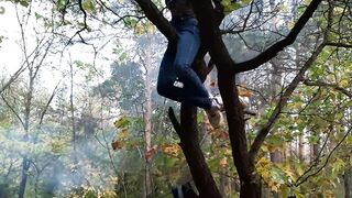 Girl climbed a tree to rub her pussy on it - Lesbian-illusion