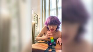 Rainbow dildo blowjob