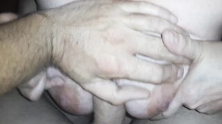 My stepmother squeezes my cock and I cum between her big tits