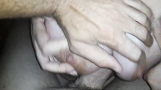 My stepmother squeezes my cock and I cum between her big tits