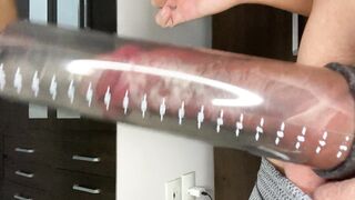 19 centimeters of cock being sucked by the penis pump leaving the thick cock