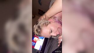 Pretty blonde girl gives blowjob likes to suck dick